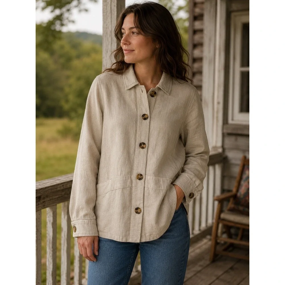 Nicole Miller Jacket Womens Small Beige Linen‎ Blend Coastal Grandma Boho
